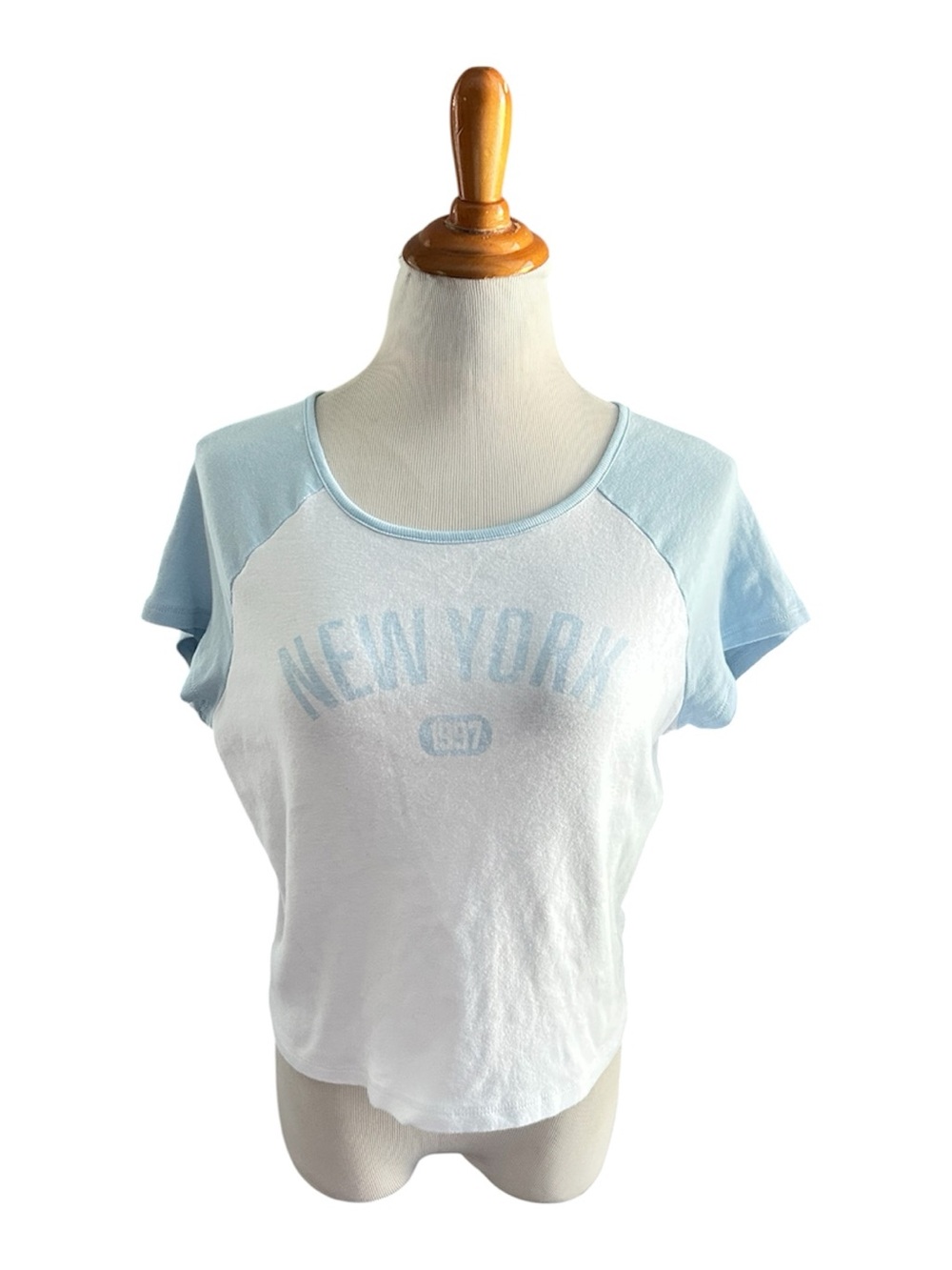 No Boundaries Light Blue & White Raglan 'New York' Crop Tee